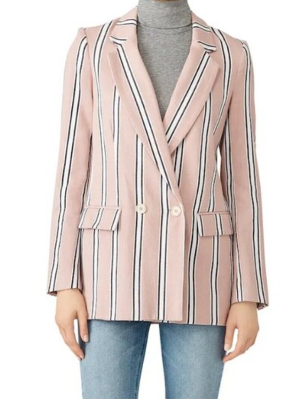 Free People Pink Striped Double-Breasted Blazer